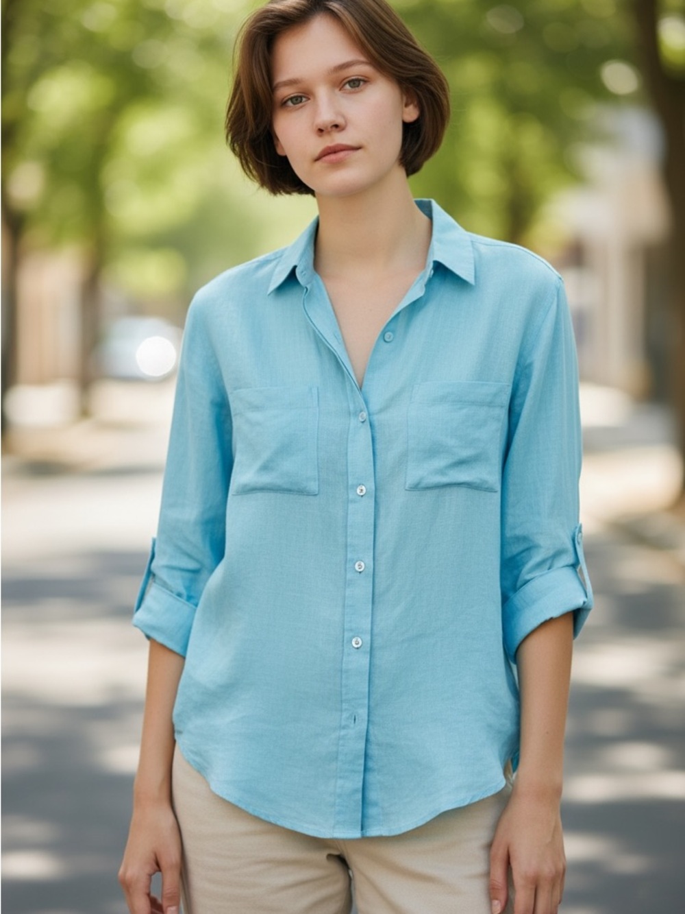 Talbots Light Blue Linen Button-Up Shirt.